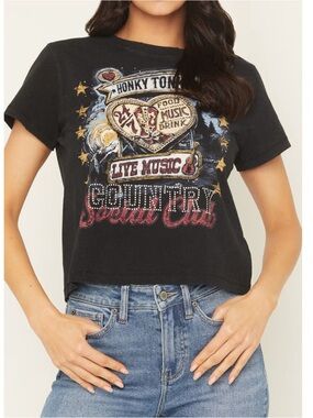 IDYLLWIND Honky Tonk Country Short Sleeve Graphic Tee Black Small Bling
